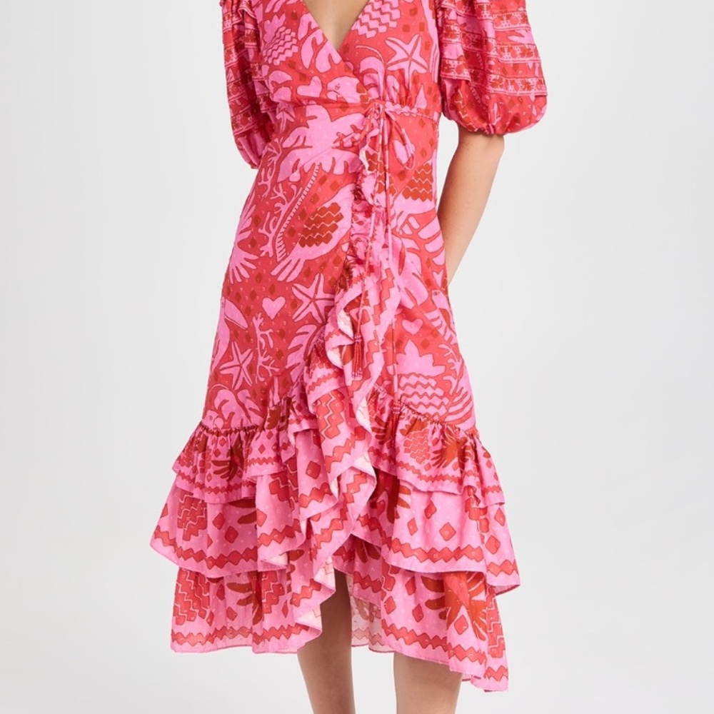 Farm Rio Tropical Jungle Scarf Wrap Midi Dress Puff Sleeve Pink and Red XS